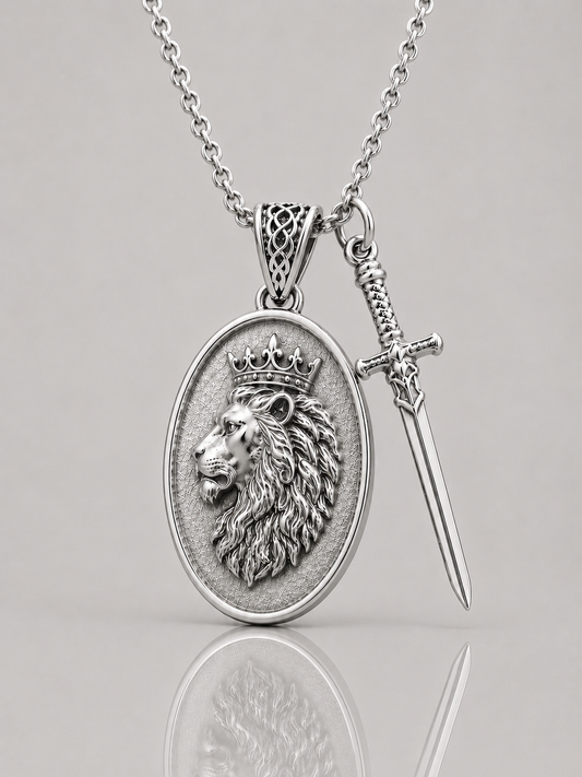 Lion and Sword Pendant (Sterling Silver)