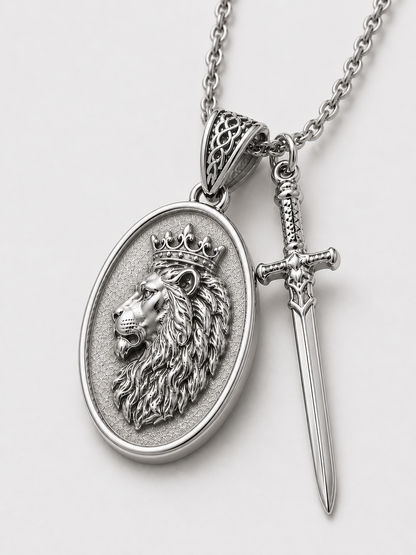 Lion and Sword Pendant (Sterling Silver)