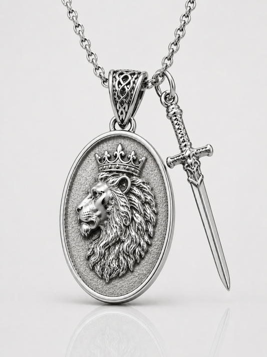Lion and Sword Pendant (Sterling Silver)