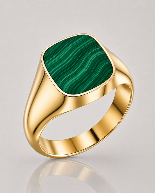 Cushion Signet Ring with Malachite (Gold)