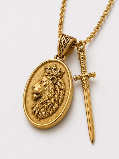 Lion and Sword Pendant (9k Yellow Gold)