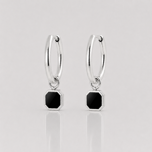 Square Onyx Dangle Earrings (Sterling Silver)